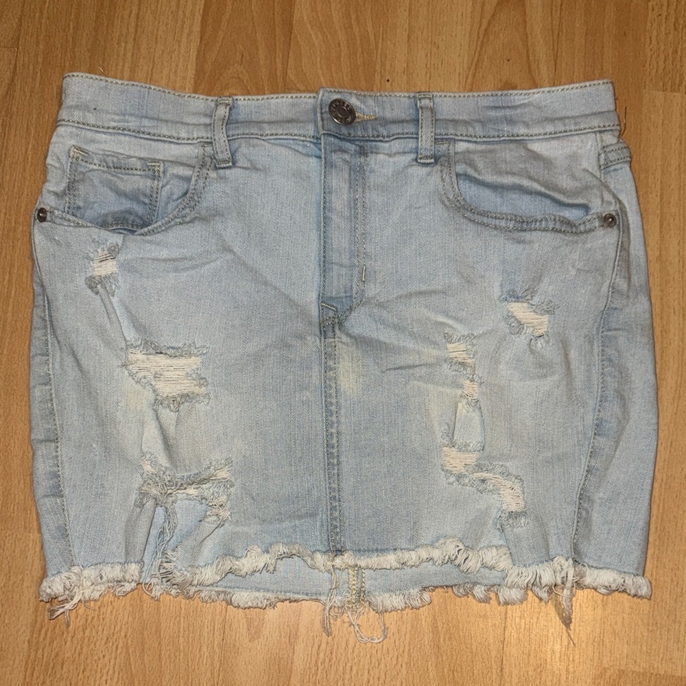 Express Light Blue Distressed Mini Skirt